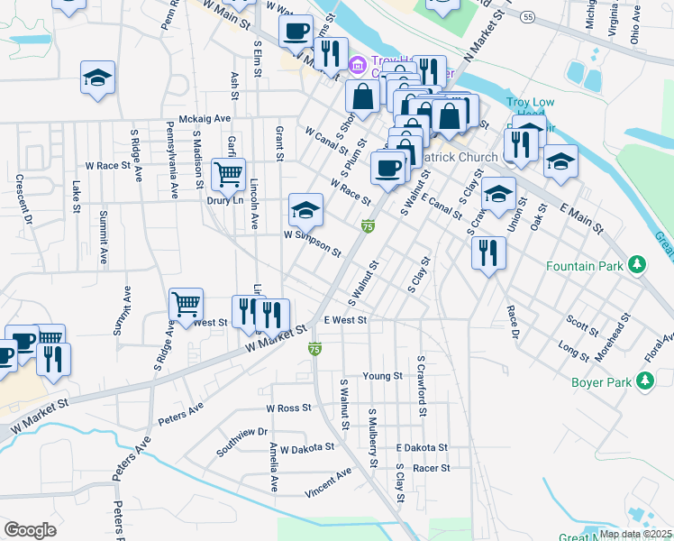 map of restaurants, bars, coffee shops, grocery stores, and more near 435 South Market Street in Troy