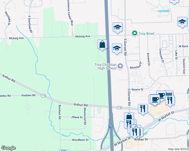 map of restaurants, bars, coffee shops, grocery stores, and more near Interstate 75 in Troy