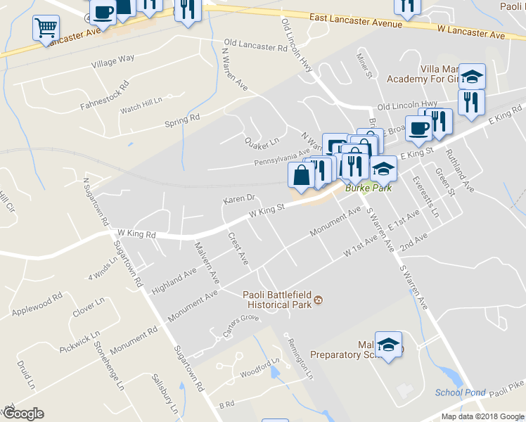 map of restaurants, bars, coffee shops, grocery stores, and more near 178 West King Street in Malvern