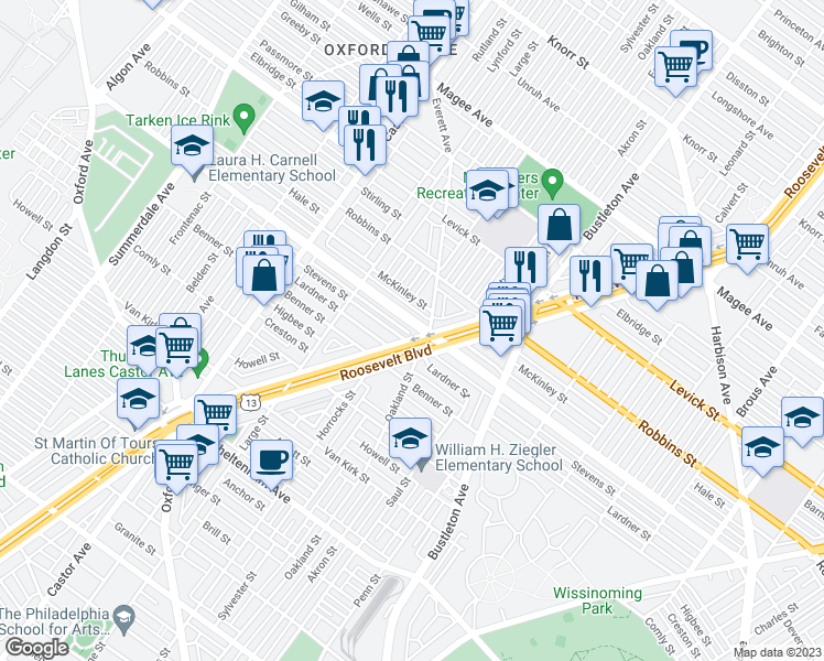 map of restaurants, bars, coffee shops, grocery stores, and more near 1574 Devereaux Avenue in Philadelphia