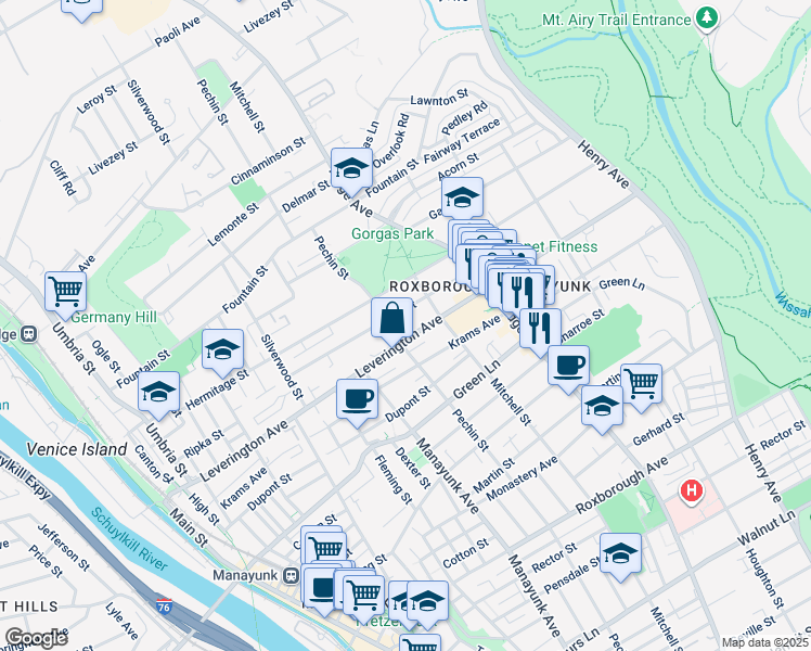 map of restaurants, bars, coffee shops, grocery stores, and more near 406 Leverington Avenue in Philadelphia
