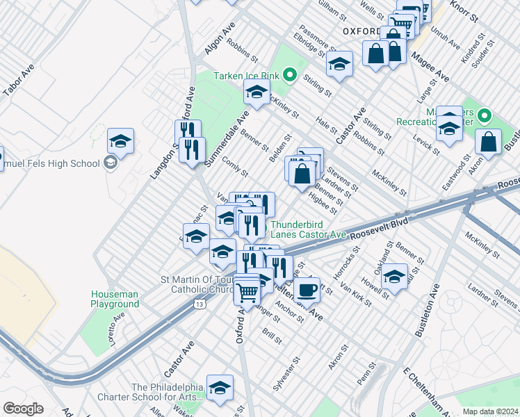 map of restaurants, bars, coffee shops, grocery stores, and more near 5923 Loretto Avenue in Philadelphia