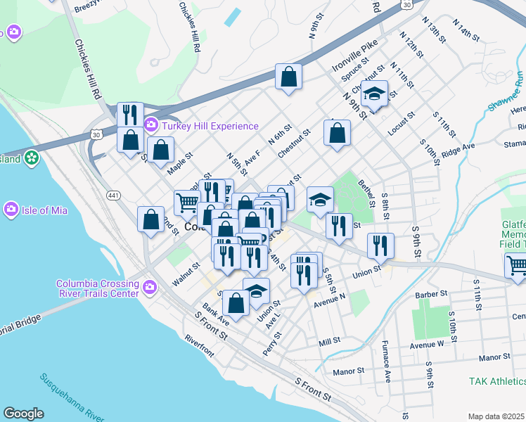 map of restaurants, bars, coffee shops, grocery stores, and more near 456 Walnut Street in Columbia