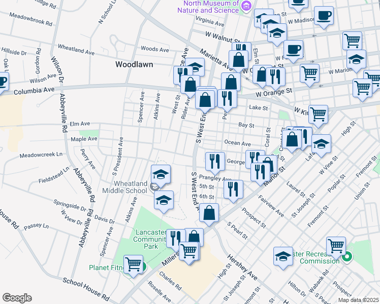 map of restaurants, bars, coffee shops, grocery stores, and more near 336 South West End Avenue in Lancaster