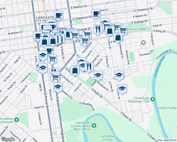 map of restaurants, bars, coffee shops, grocery stores, and more near 229 Chester Street in Lancaster