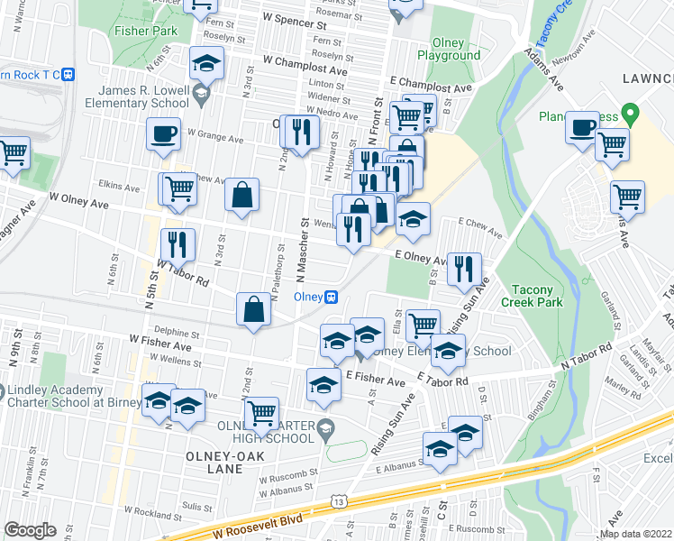 map of restaurants, bars, coffee shops, grocery stores, and more near 100 West Gale Street in Philadelphia