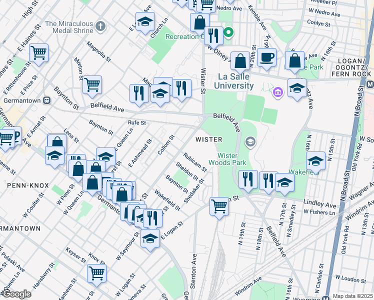 map of restaurants, bars, coffee shops, grocery stores, and more near 408 East Wister Street in Philadelphia
