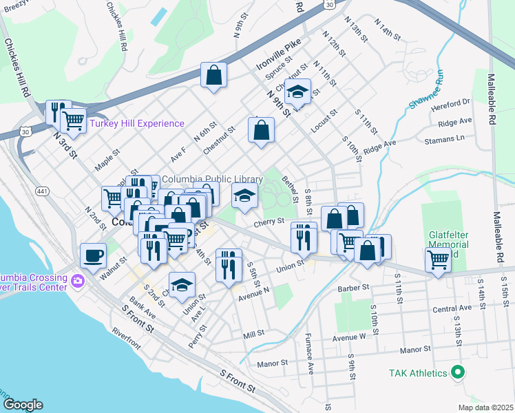 map of restaurants, bars, coffee shops, grocery stores, and more near 41 South 6th Street in Columbia