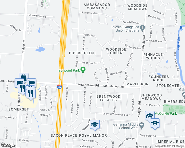 map of restaurants, bars, coffee shops, grocery stores, and more near 595 Tall Oaks Drive in Columbus