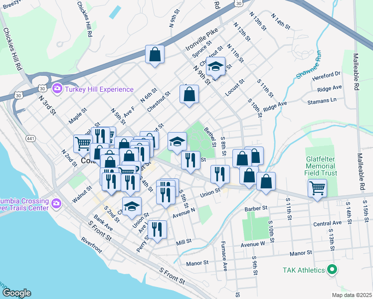 map of restaurants, bars, coffee shops, grocery stores, and more near 41 South 6th Street in Columbia