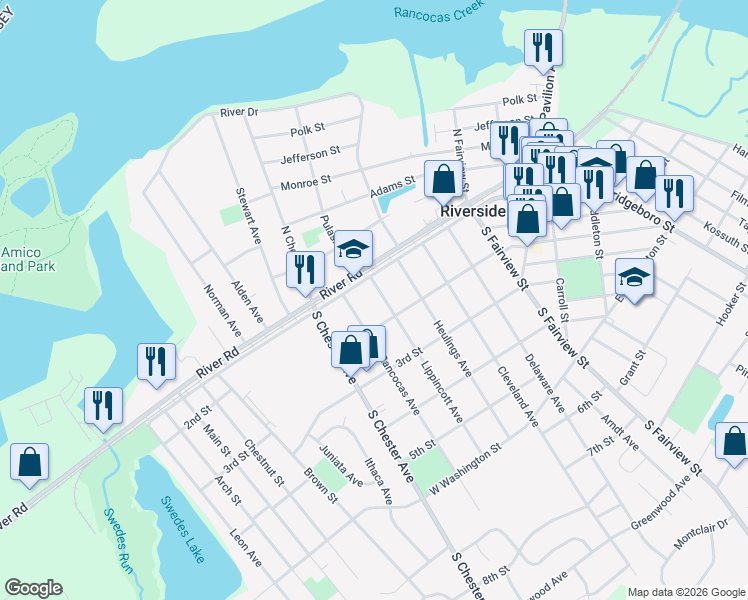 map of restaurants, bars, coffee shops, grocery stores, and more near 500 New Jersey Avenue in Riverside