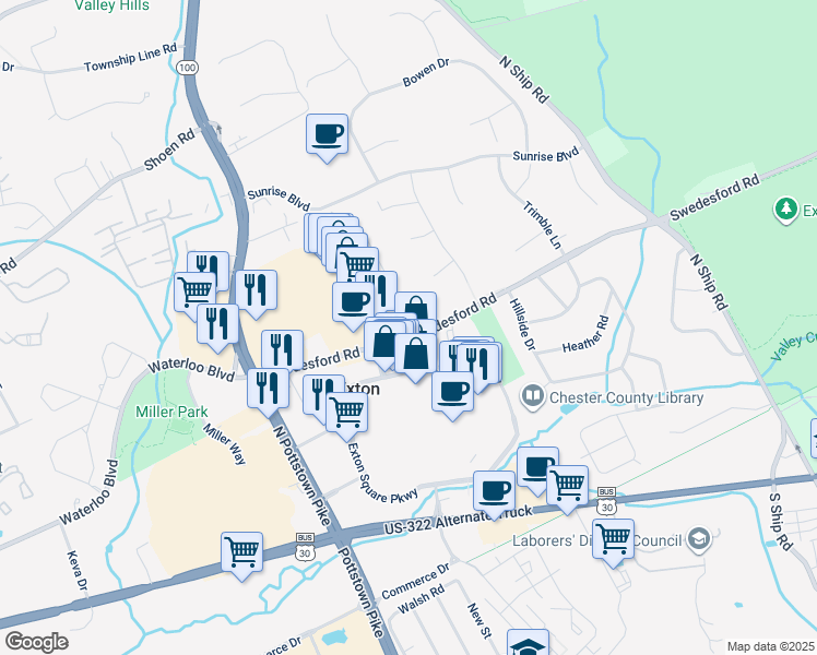 map of restaurants, bars, coffee shops, grocery stores, and more near 300 Exton Lane in Exton