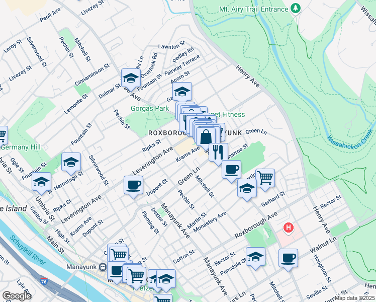 map of restaurants, bars, coffee shops, grocery stores, and more near 6182 Ridge Avenue in Philadelphia