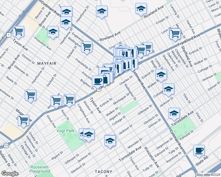 map of restaurants, bars, coffee shops, grocery stores, and more near 7129 Frankford Avenue in Philadelphia