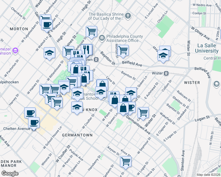map of restaurants, bars, coffee shops, grocery stores, and more near 5414 Lena Street in Philadelphia
