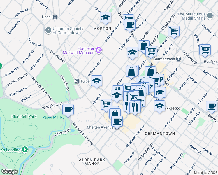 map of restaurants, bars, coffee shops, grocery stores, and more near 276 W Harvey St in Philadelphia