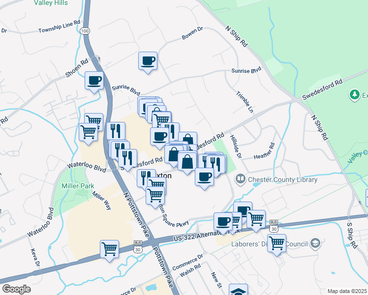 map of restaurants, bars, coffee shops, grocery stores, and more near 300 Exton Lane in Exton