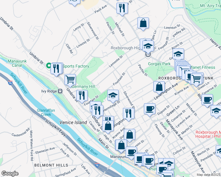 map of restaurants, bars, coffee shops, grocery stores, and more near 281 Fountain Street in Philadelphia