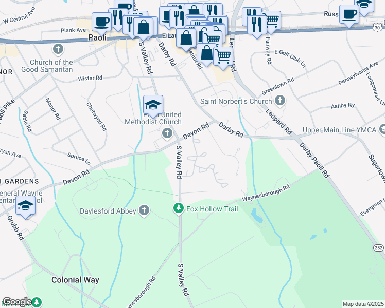 map of restaurants, bars, coffee shops, grocery stores, and more near 504 Weatherstone Drive in Paoli