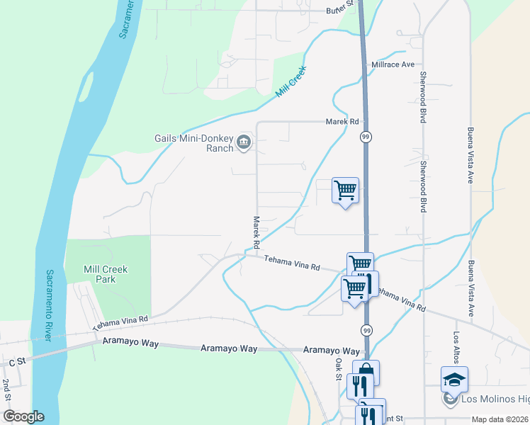 map of restaurants, bars, coffee shops, grocery stores, and more near 8230 Marek Rd in Los Molinos