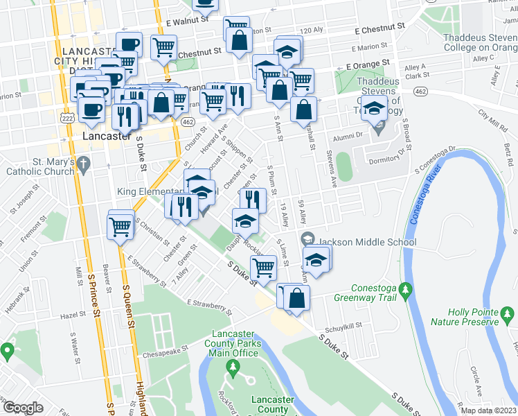 map of restaurants, bars, coffee shops, grocery stores, and more near 130 Dauphin Street in Lancaster
