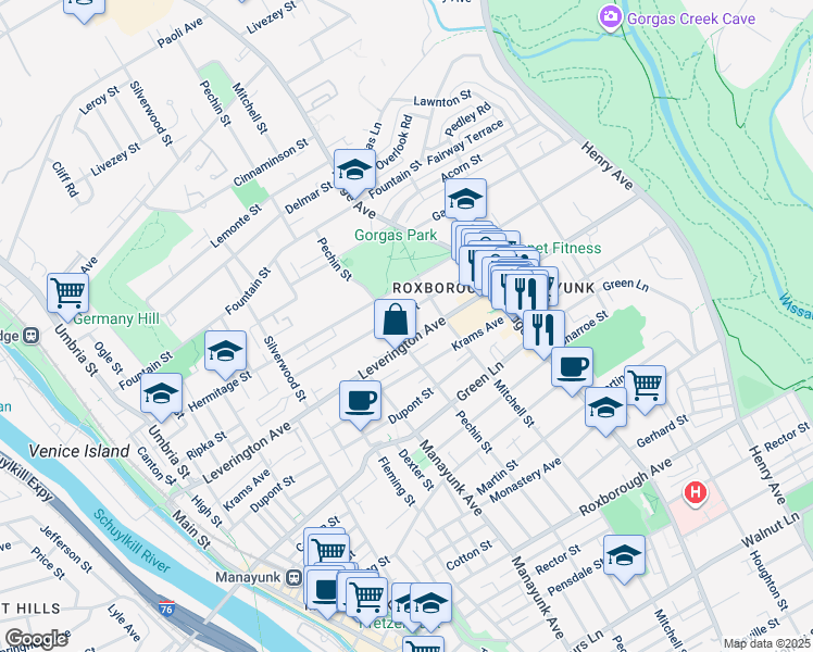 map of restaurants, bars, coffee shops, grocery stores, and more near 406 Leverington Avenue in Philadelphia