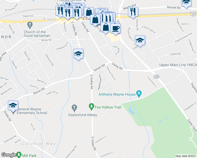 map of restaurants, bars, coffee shops, grocery stores, and more near 504 Weatherstone Drive in Paoli