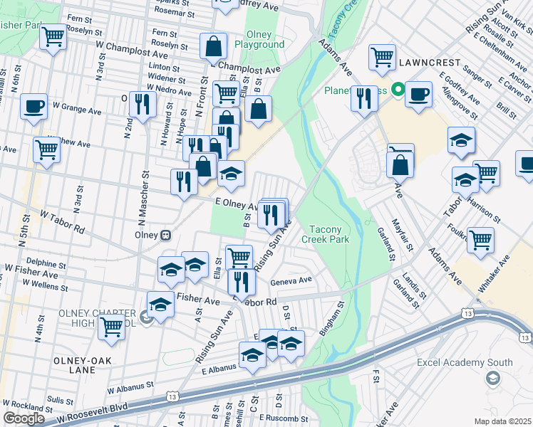map of restaurants, bars, coffee shops, grocery stores, and more near 328 East Olney Avenue in Philadelphia