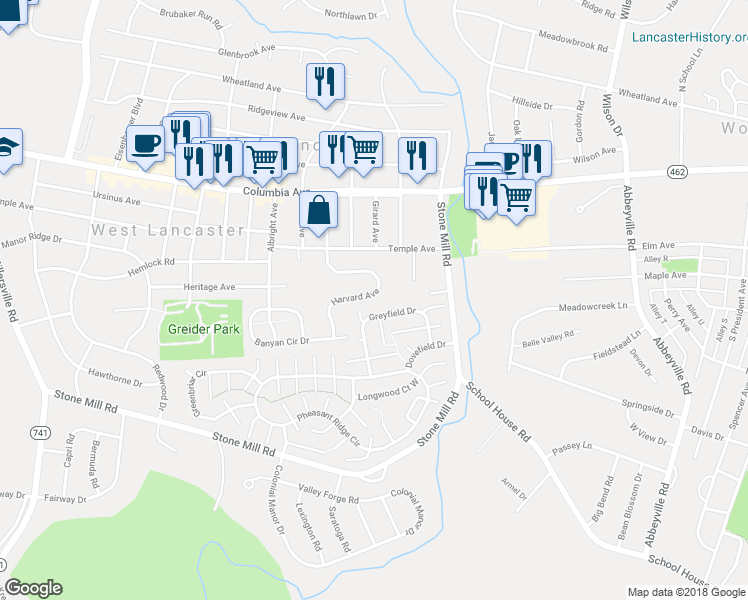 map of restaurants, bars, coffee shops, grocery stores, and more near 179 Harvard Avenue in Lancaster