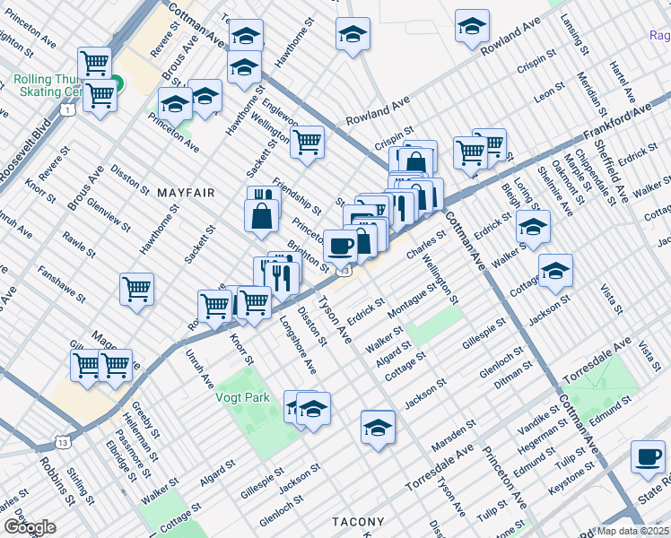 map of restaurants, bars, coffee shops, grocery stores, and more near 7038 Frankford Avenue in Philadelphia