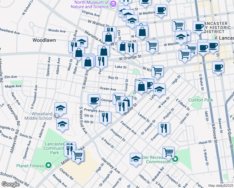 map of restaurants, bars, coffee shops, grocery stores, and more near 631 3rd Street in Lancaster