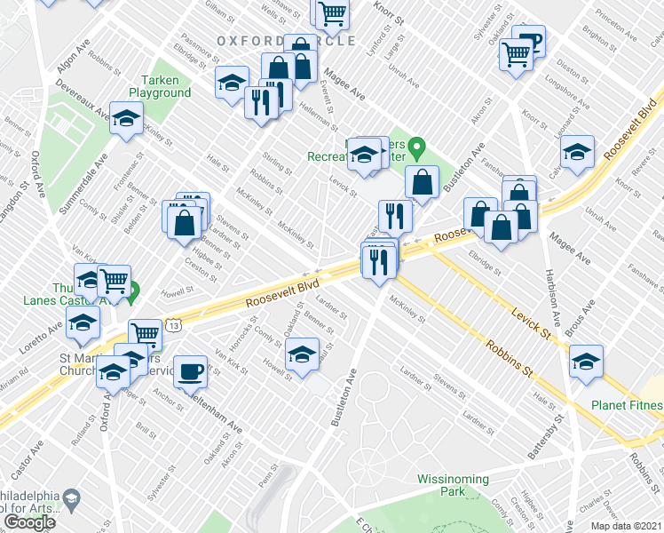 map of restaurants, bars, coffee shops, grocery stores, and more near 6242 East Roosevelt Boulevard in Philadelphia