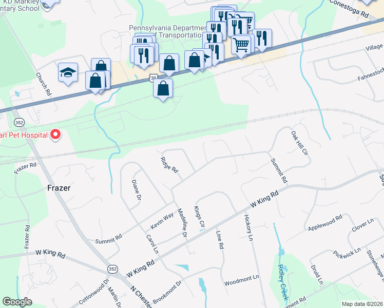 map of restaurants, bars, coffee shops, grocery stores, and more near 8 Ridgewood Drive in Malvern