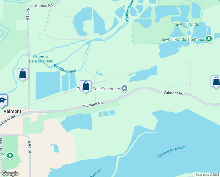 map of restaurants, bars, coffee shops, grocery stores, and more near 6423 Valmont Road in Boulder