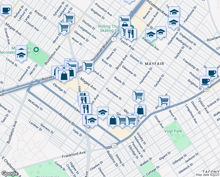 map of restaurants, bars, coffee shops, grocery stores, and more near 2923 Fanshawe Street in Philadelphia