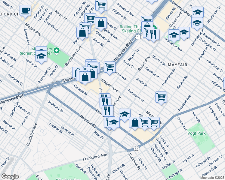 map of restaurants, bars, coffee shops, grocery stores, and more near 2810 Magee Avenue in Philadelphia
