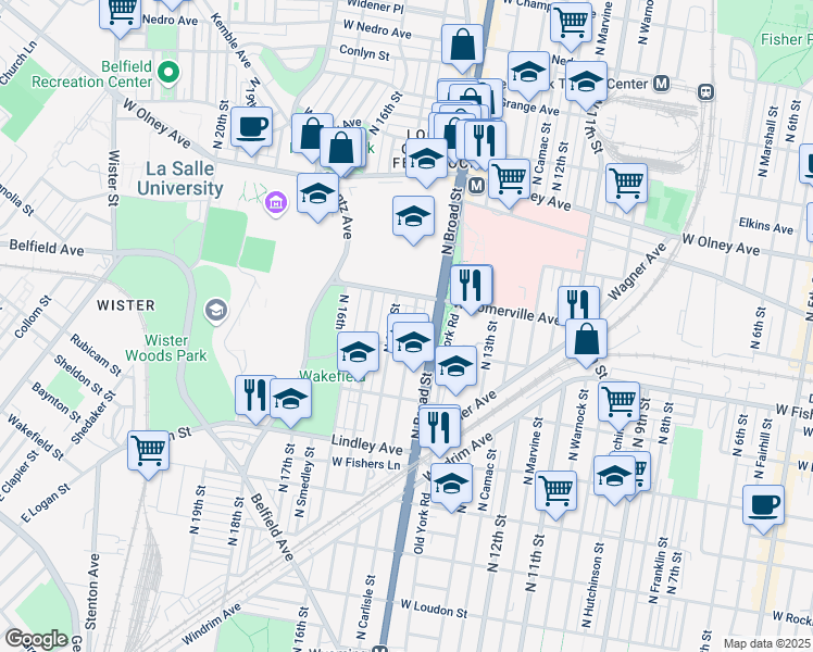 map of restaurants, bars, coffee shops, grocery stores, and more near 5322 North Carlisle Street in Philadelphia