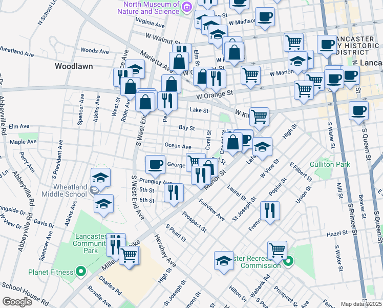 map of restaurants, bars, coffee shops, grocery stores, and more near 635 3rd Street in Lancaster