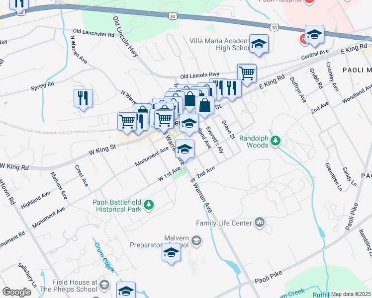 map of restaurants, bars, coffee shops, grocery stores, and more near 148 Channing Avenue in Malvern