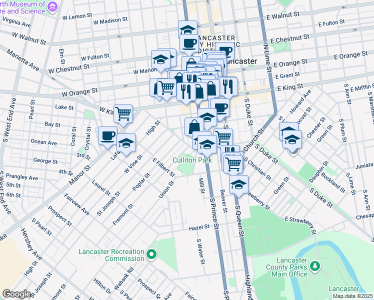 map of restaurants, bars, coffee shops, grocery stores, and more near 410 Fremont Street in Lancaster