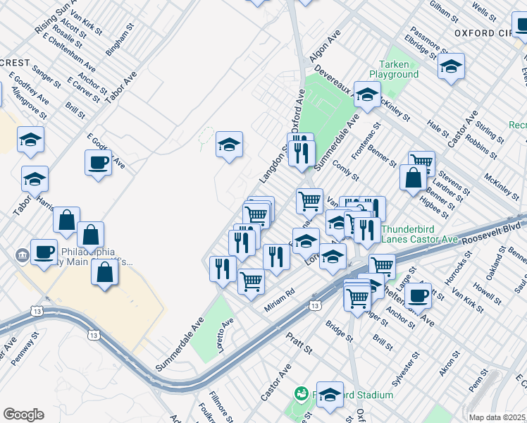 map of restaurants, bars, coffee shops, grocery stores, and more near 874 Anchor Street in Philadelphia