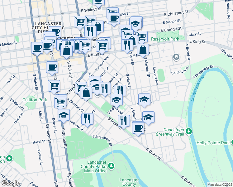 map of restaurants, bars, coffee shops, grocery stores, and more near 543 1/2 South Lime Street in Lancaster