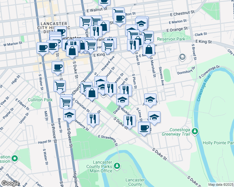 map of restaurants, bars, coffee shops, grocery stores, and more near 526 South Lime Street in Lancaster