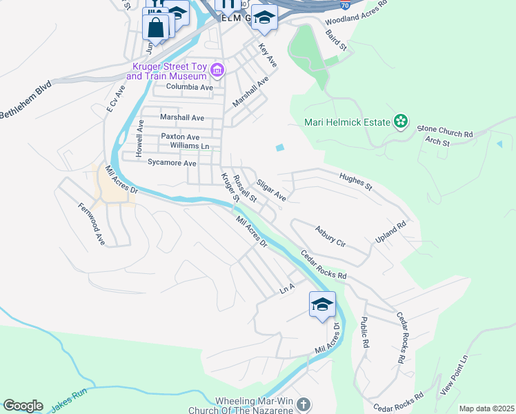map of restaurants, bars, coffee shops, grocery stores, and more near Russell Street in Wheeling