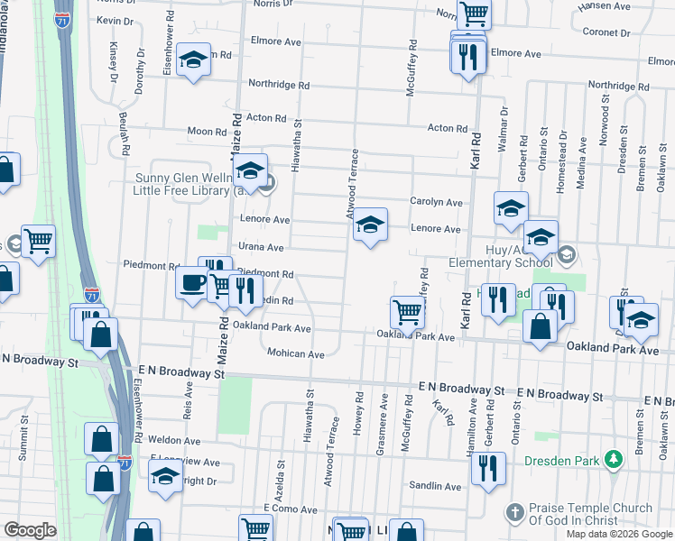 map of restaurants, bars, coffee shops, grocery stores, and more near 1117 Urana Avenue in Columbus