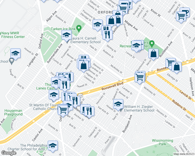 map of restaurants, bars, coffee shops, grocery stores, and more near 1464 Benner Street in Philadelphia