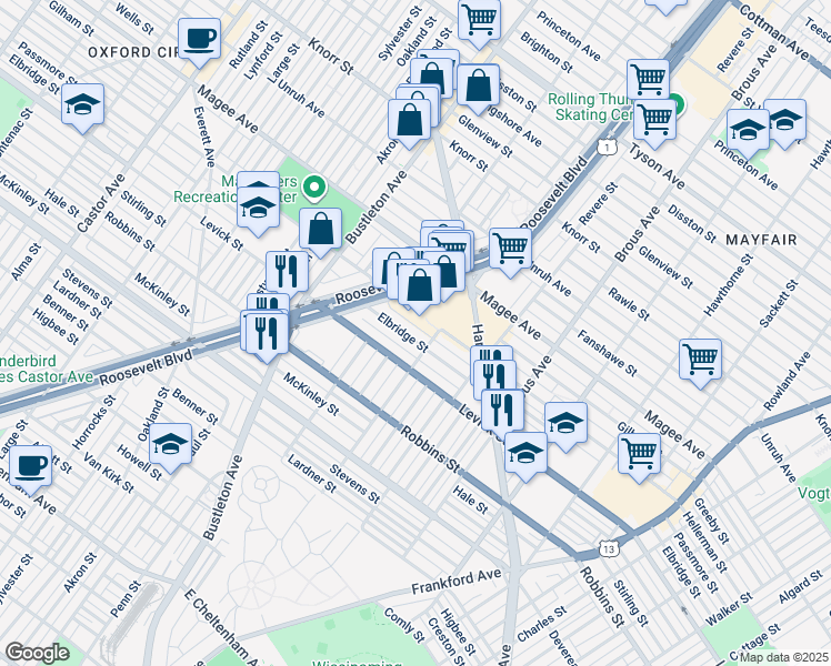 map of restaurants, bars, coffee shops, grocery stores, and more near 2659 Elbridge Street in Philadelphia