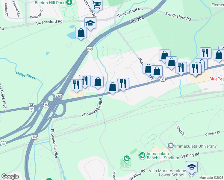 map of restaurants, bars, coffee shops, grocery stores, and more near 5 Frame Avenue in Malvern