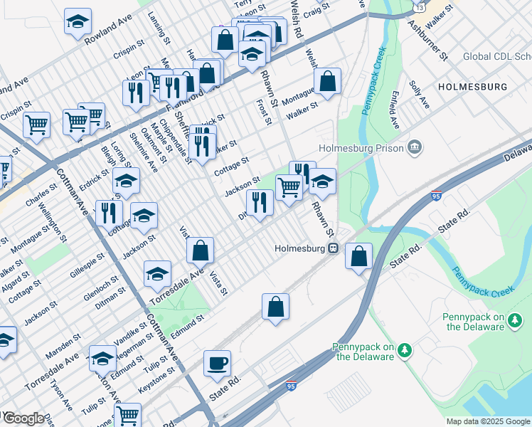 map of restaurants, bars, coffee shops, grocery stores, and more near 4618 Hartel Avenue in Philadelphia