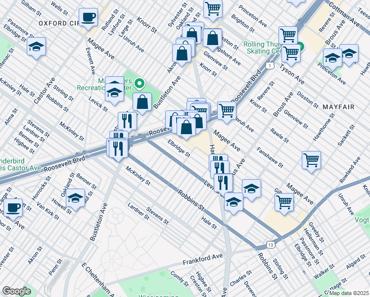 map of restaurants, bars, coffee shops, grocery stores, and more near 2659 Elbridge Street in Philadelphia